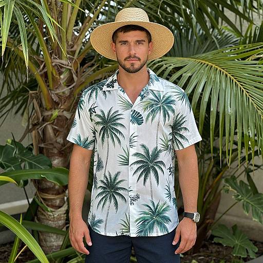 Photograph of a bearded man with light skin wearing a straw hat, white tropical shirt with palm leaf patterns, black pants, and a wristwatch