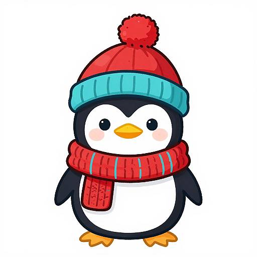 Cute digital illustration of a penguin wearing a red hat with a blue rim, red scarf, and blue earmuffs, with a white face,