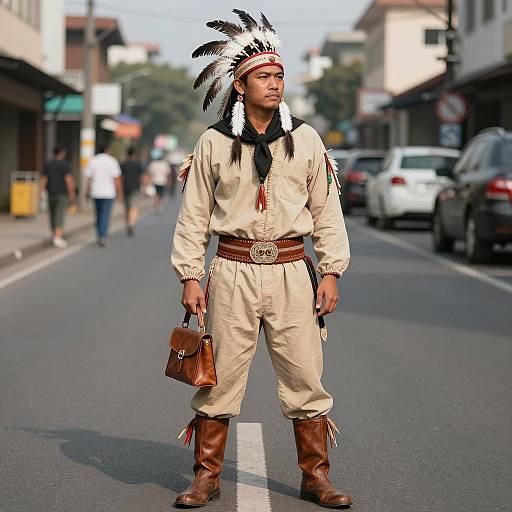 Man in Native American Inspired Costume on Urban Street