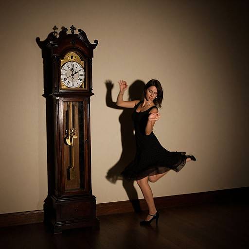 Photograph of a dark-haired woman in a black dress and heels, dancing in front of an ornate wooden grandfather clock, casting a shadow on a