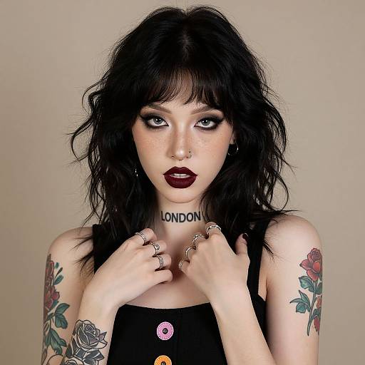 Photograph of a pale-skinned, black-haired woman with goth makeup, dark lipstick, 