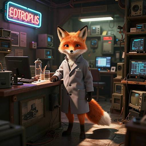 Cyberpunk Fox in Antique Electronics Shop