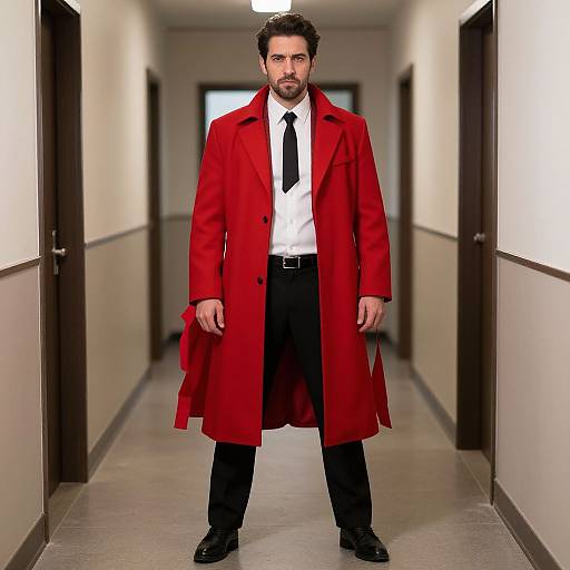 Photograph of a serious man with dark hair and beard, wearing a long red coat, white shirt, black tie, and pants, standing in a