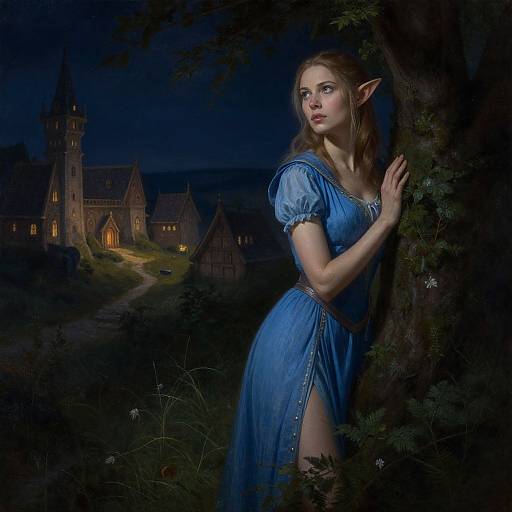 Photograph-style digital artwork of a young, elf-eared woman in a blue dress, standing in a dark forest at night, with a glowing medieval