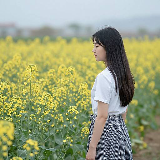 Photograph of an Asian woman with long black hair, white t-shirt, and checkered skirt, standing in a vibrant yellow field of flowers, looking
