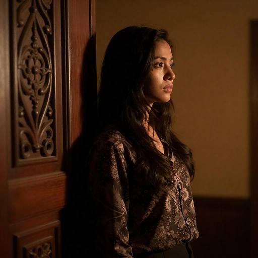 Shadowed Woman Leaning on Carved Door