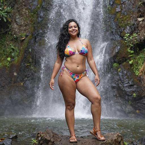 Confident Woman at Waterfall Ledge