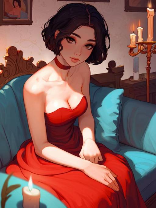 Girl in a Red Strapless Dress indoors