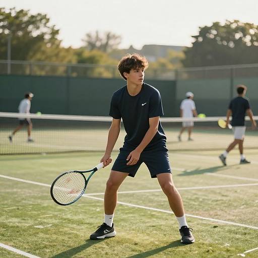 Photograph of a young male tennis player in navy shirt and shorts, holding a racket, ready to serve on a sunny outdoor court with blurred background players