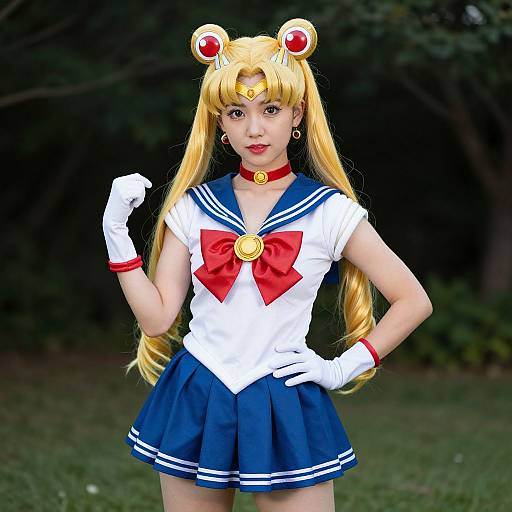 Photograph of an Asian woman in a detailed Sailor Moon cosplay outfit, with long blonde hair, red bow, blue skirt, white gloves, and head