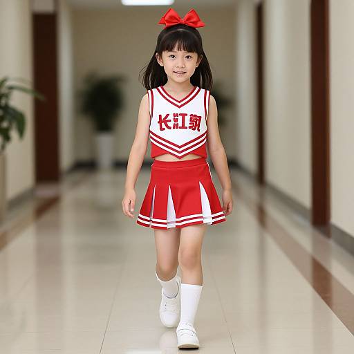 Photograph of an Asian girl in a red and white cheerleader outfit with 