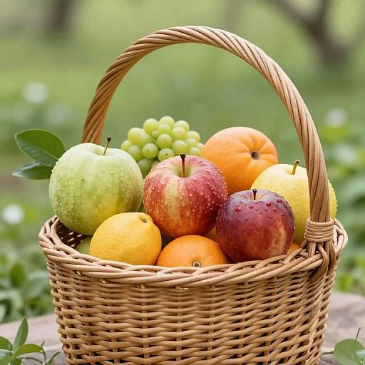 Photograph of a wicker basket filled with apples, oranges, green grapes, and yellow lemons, set outdoors with a blurred green background.