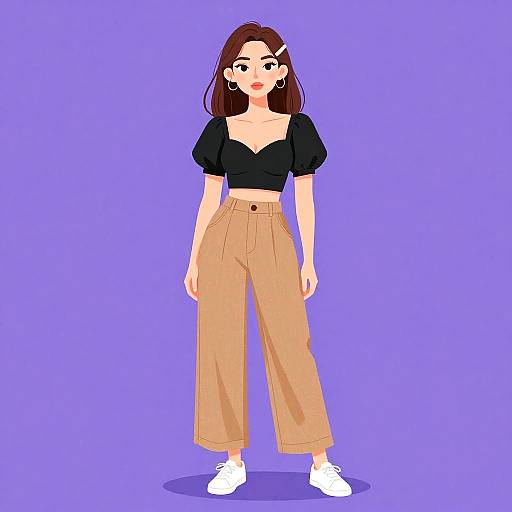 Digital illustration of a young woman with straight brown hair, wearing a black off-shoulder top, high-waisted tan pants, and white sneakers