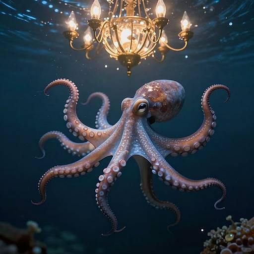 Photorealistic underwater image of a pink-and-white octopus with glowing tentacles beneath a glowing chandelier, illuminated by warm light.