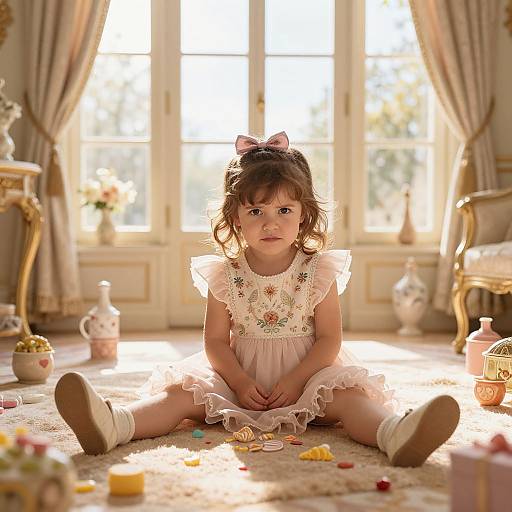Photograph of a cute, curly-haired toddler girl in a pink dress with floral embroidery, sitting on a carpeted floor, surrounded by colorful toys,