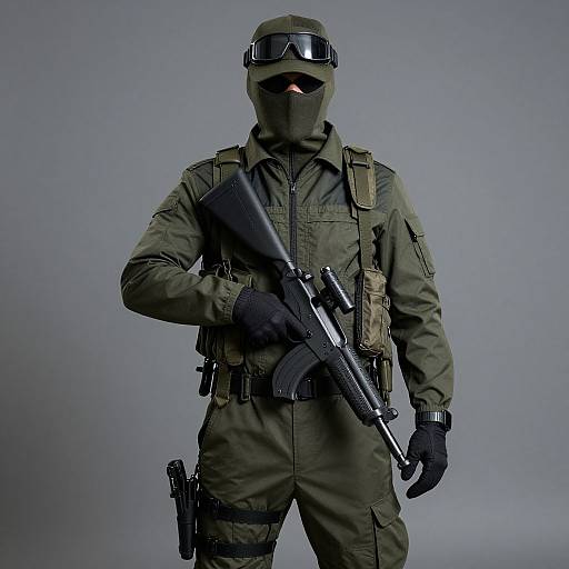 Photograph of a male soldier in full tactical gear: olive uniform, black mask, goggles, gloves, holding assault rifle, grey background.