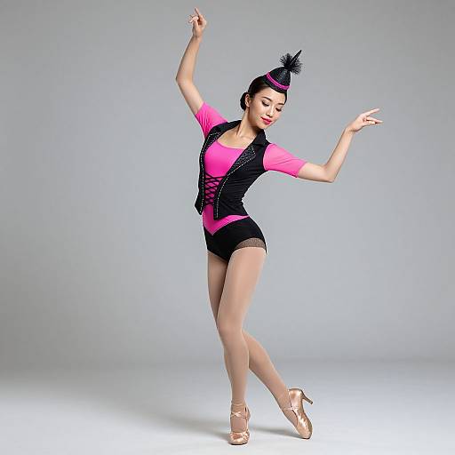 Photograph of an Asian ballerina in pink top and black vest, black shorts, and headband, dancing gracefully on pointe, arms extended