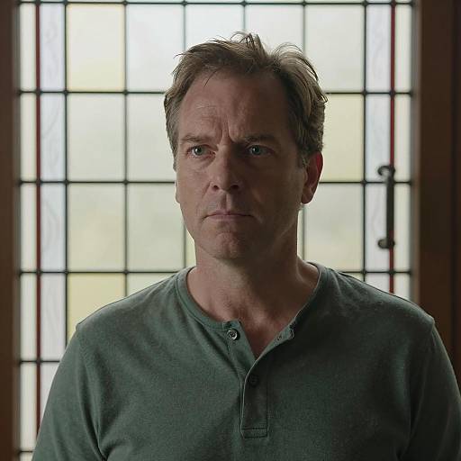 Middle-Aged Man by Stained Glass Window