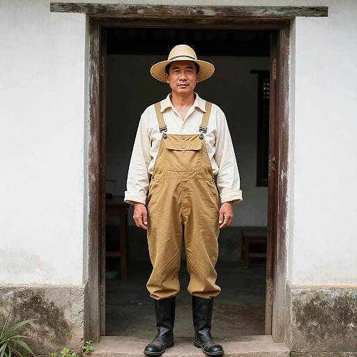 Man in Fisherman Costume Standing in Doorway