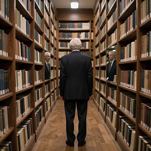 Photograph of an elderly man in a black suit, facing two older men in suits, walking down a wooden bookshelf-lined hallway in a library.