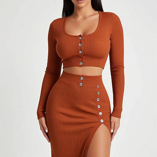 Photograph of a woman with long black hair wearing a ribbed, long-sleeve, orange crop top and matching high-waisted skirt with