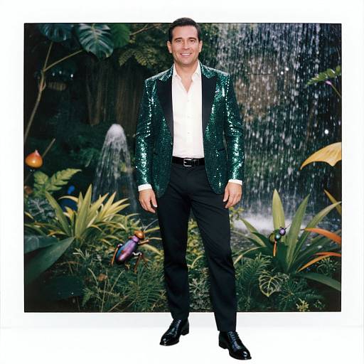 Photograph of a smiling man in a sparkling green sequin jacket, white shirt, black pants, and black shoes, standing in front of a lush