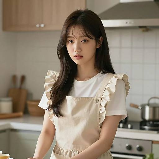 Photograph of an East Asian woman with long black hair, wearing a white blouse and cream apron, standing in a modern kitchen with wooden cabinets and