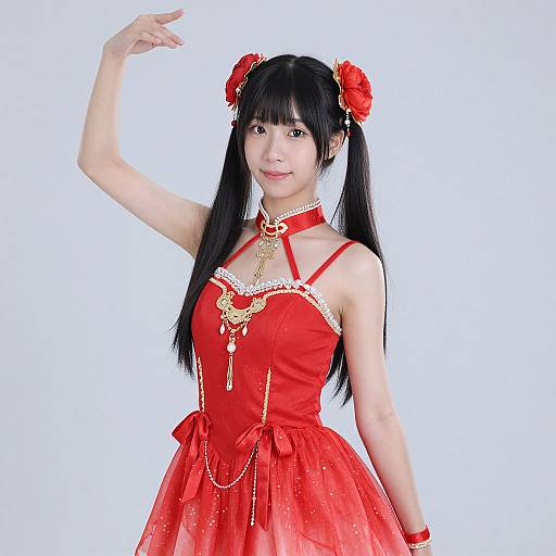 Asian woman in a red, lace-trimmed, strapless dress with gold jewelry and red hair buns, posing with one arm raised. Phot