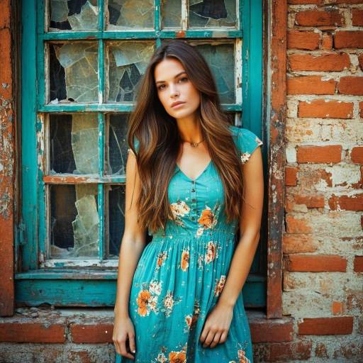 Young Woman in Floral Dress by Broken Window