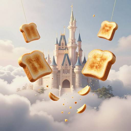 CGI image of floating toasted bread slices with butter in front of a whimsical, fairy-tale castle on a cloudy sky.