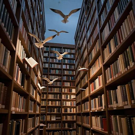 Photograph of a library with tall, wooden bookshelves filled with books on both sides, illuminated by warm lights. Three white birds with outst