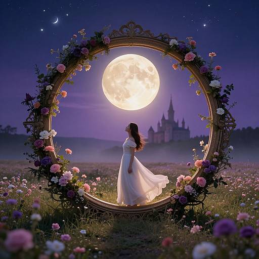 Photograph-like digital art: Silhouetted woman in white dress stands within moonlit floral frame, full moon, castle in background, starry