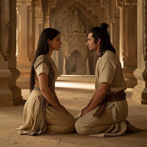 Photograph of a South Asian couple, kneeling in traditional beige attire, facing each other in an ornate, sunlit, stone courtyard.