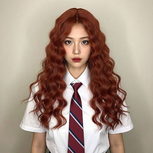 Woman in Red Curly Wig Costume