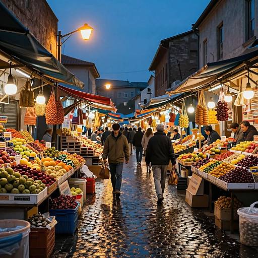 Photograph of a vibrant, evening market street with colorful fruit stalls under warm lights, wet cobblestone path, and shoppers in coats.