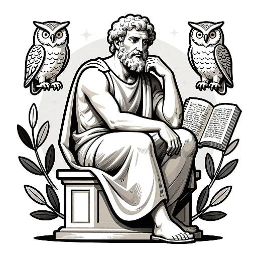 Black and white illustration of a bearded man in a toga, sitting on a pedestal, reading a book, with two owls on either side