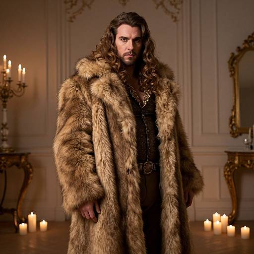Photograph of a bearded man with long brown hair, wearing a luxurious fur coat over a black shirt, standing in an ornate room with lit