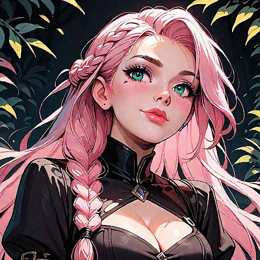 Pink-Haired Braided Anime Girl in Forest