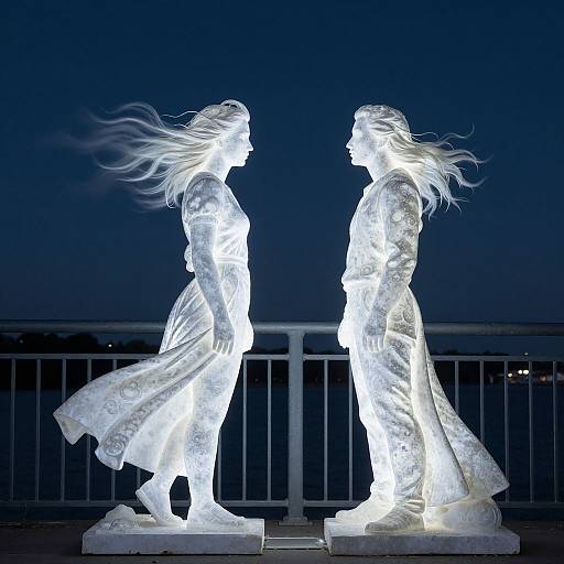 Photograph of two glowing, translucent statues of women in flowing dresses, facing each other, against a dark night sky and railing.