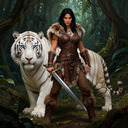 Digital artwork of a fierce warrior woman with black hair, wearing fur-trimmed leather armor, standing beside a massive white tiger in a dense, lush