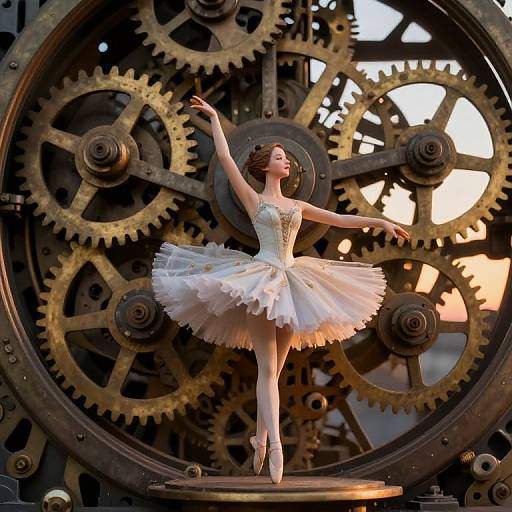 Photograph of a ballerina in a white tutu and pointe shoes, gracefully poised against a backdrop of large, intricate, golden gears.