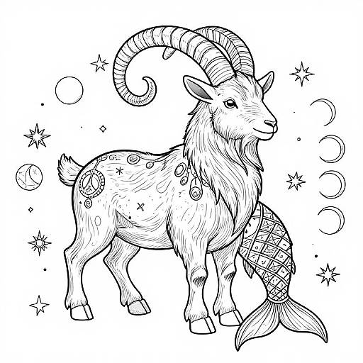 Black and white line drawing of a horned, star-patterned goat with a fish tail, surrounded by stars, moons, and circles.
