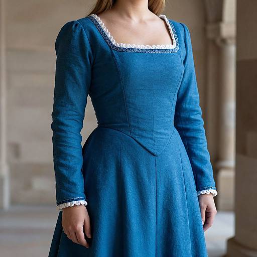 Photograph of a woman wearing a blue, long-sleeved, medieval-style dress with white lace trim on sleeves and neckline, standing in a stone