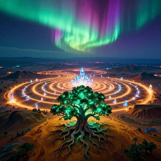 Photograph of a glowing tree at the center of an illuminated, spiral pattern in a desert under vibrant green and purple aurora lights.