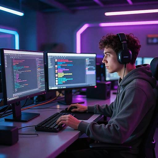 Cyberpunk Discord Moderator at Desk