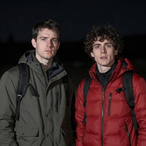 Two young men standing at night with backpacks