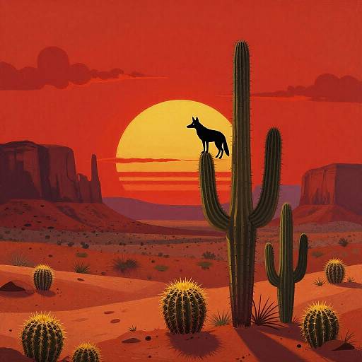 Coyote Silhouette on Cactus Sunset