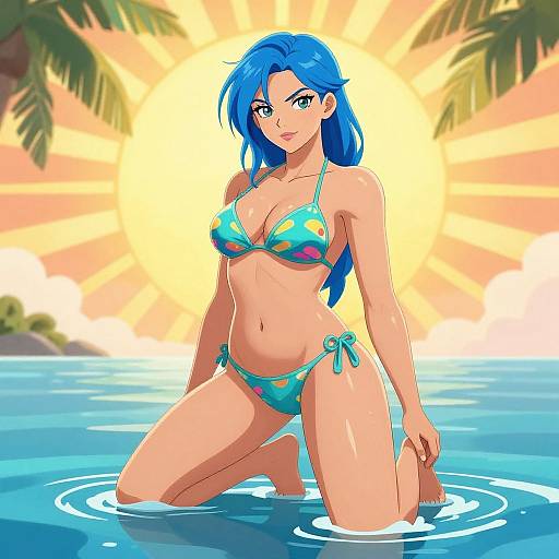 Digital anime-style artwork of a blue-haired woman in a colorful bikini, kneeling in clear blue water at sunset, with palm trees in the background.