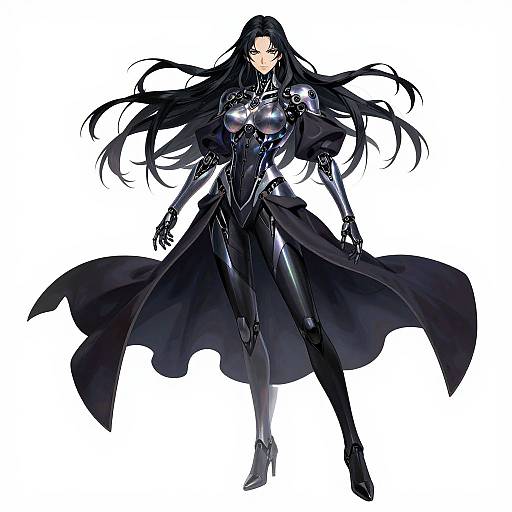 Digital anime-style drawing of a black-haired woman in a sleek, black, armored bodysuit with long flowing cape, standing confidently against a white background
