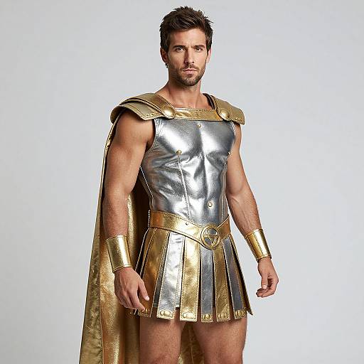 Photograph of a muscular, bearded man with short brown hair, wearing a silver and gold ancient Greek-style warrior outfit, including a cape, arm